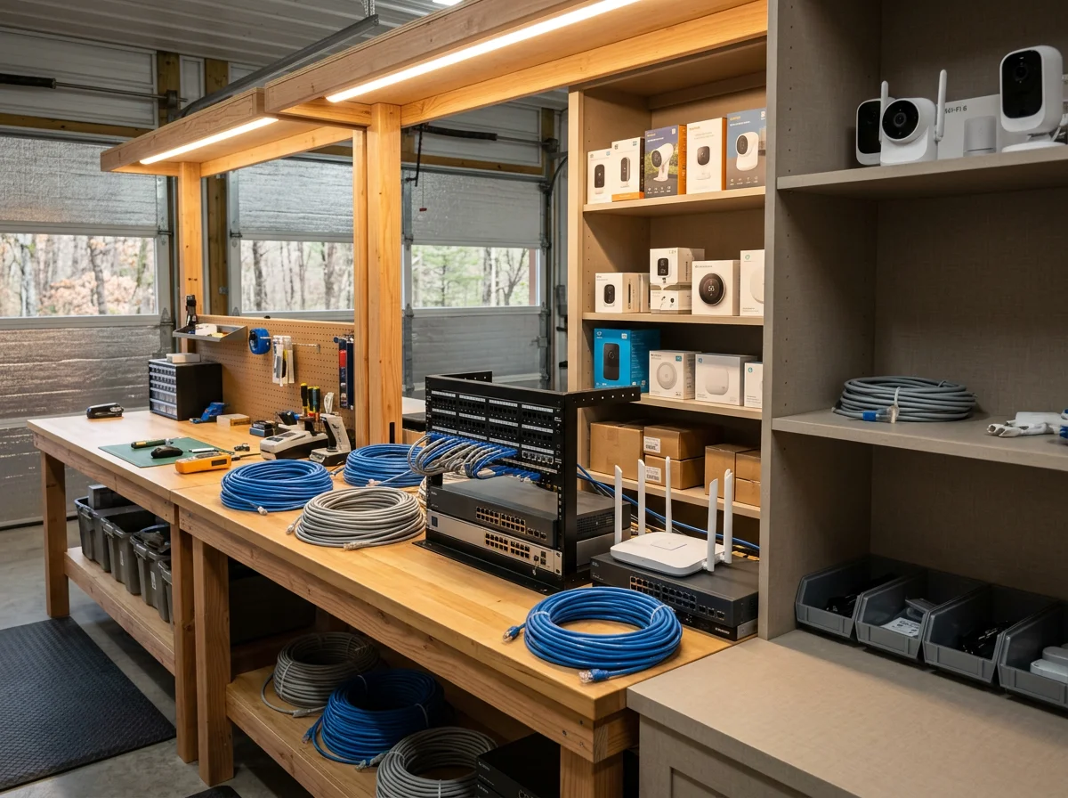 Technology installation workspace with networking equipment, cabling tools, and smart home devices ready for deployment.