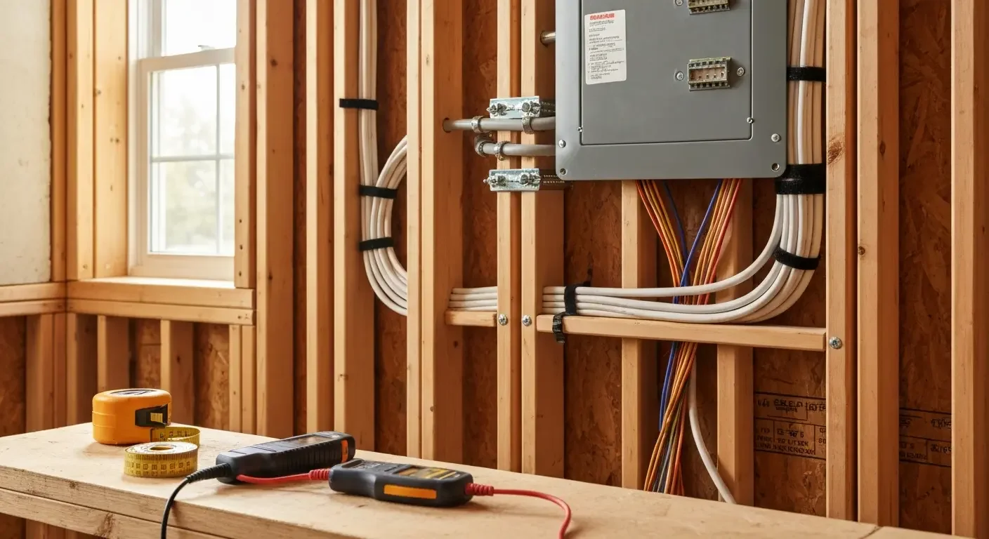 Electrical panel with organized Romex and data cables in framed wall cavity with wooden studs