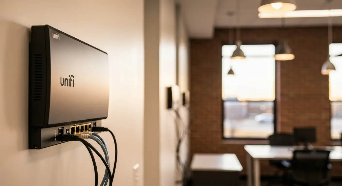 Unifi wall-mounted network switch with ethernet cables in commercial office