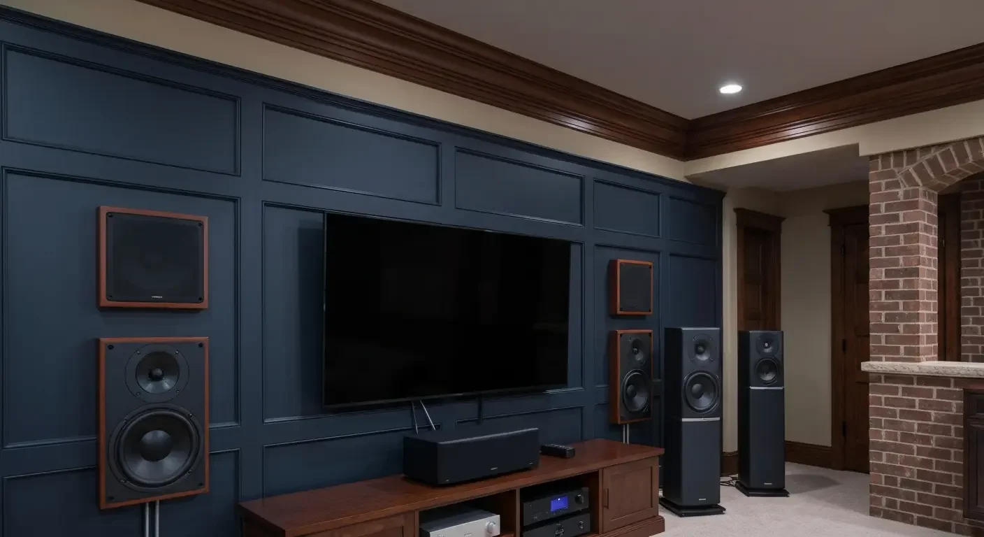 Home theater room with navy paneling, large TV display, wood-trimmed speakers, and surround sound system