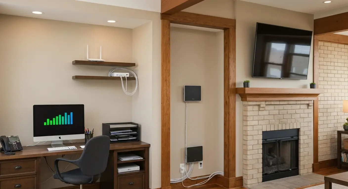 Home office with desktop computer, wall-mounted displays, and organized white cable management throughout beige and wood-trimmed space