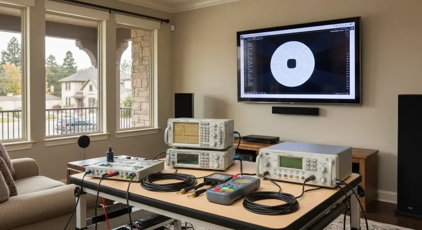 Professional test equipment and networking instruments on desk with wall-mounted display