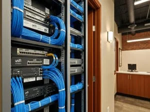 Server rack with network equipment, blue patch cables, and organized cabling infrastructure