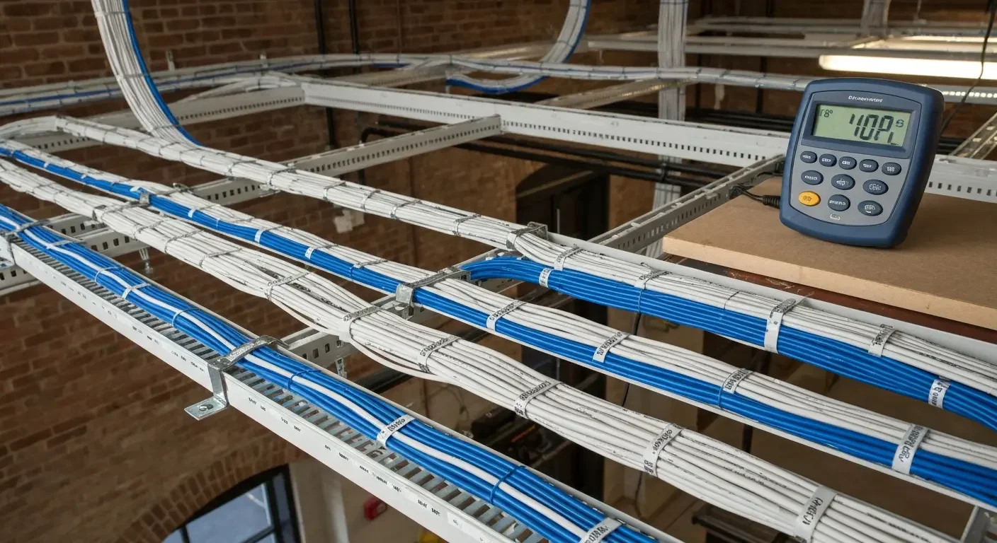 Blue and white Cat6 network cables organized in metal trays with cable management and temperature monitoring