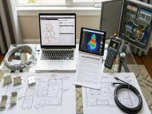 Network design blueprints, thermal imaging, CAD plans, and diagnostic equipment on work surface