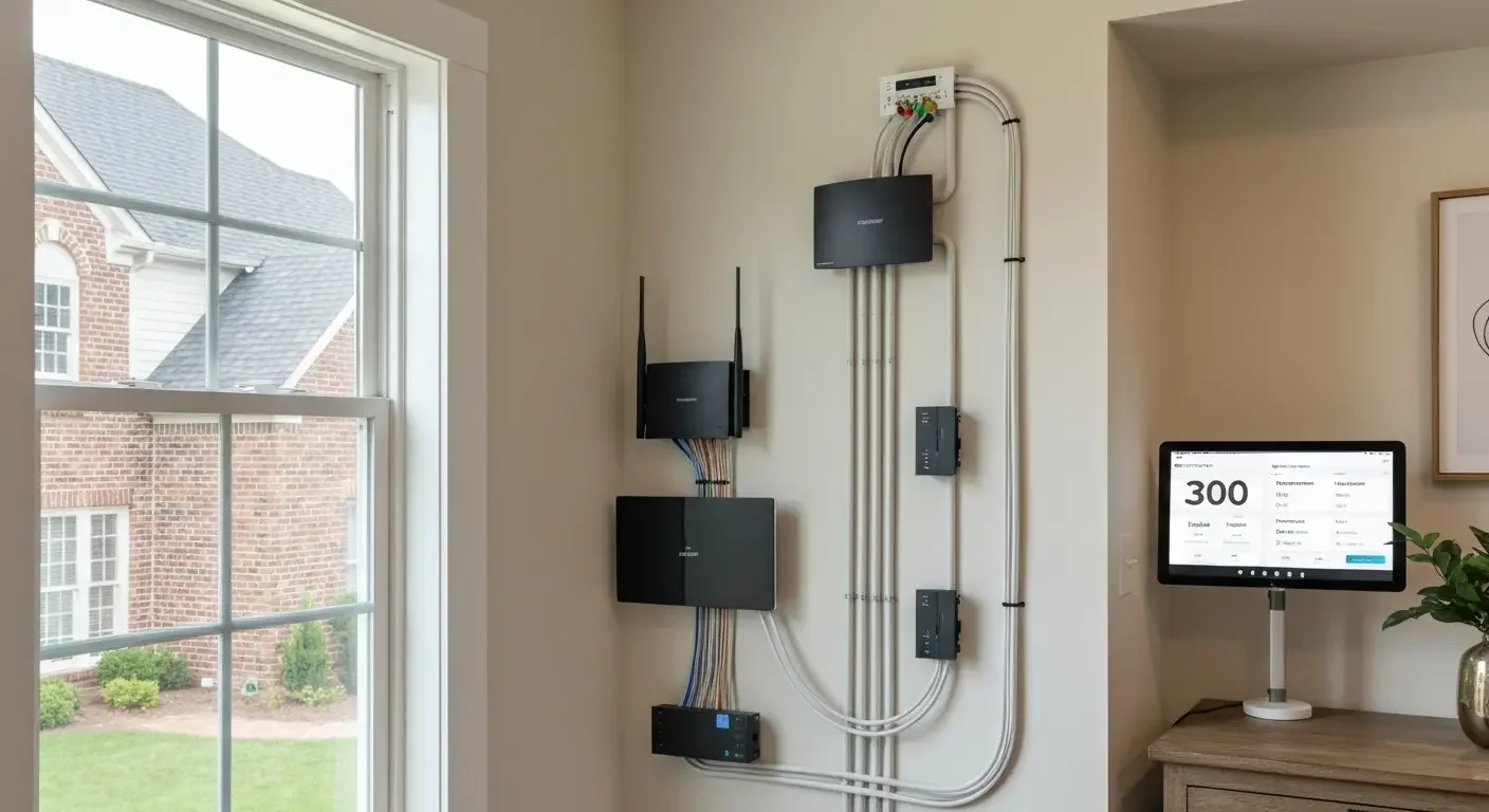 Wall-mounted network switches, wireless access points, and organized gray conduit cabling installation
