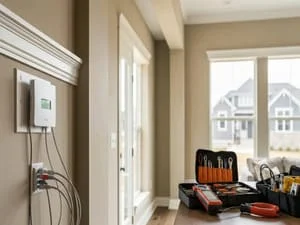 Wall-mounted network equipment with organized cabling and professional installation in residential hallway