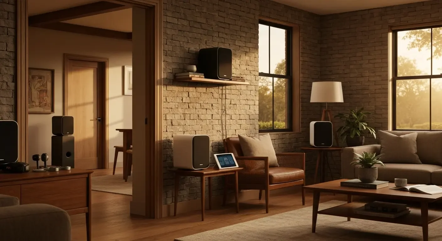 Smart home audio speakers and control devices installed in modern living room with brick walls and wood furnishings