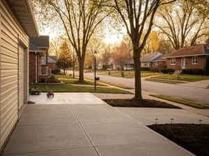 Outdoor network conduit and cabling installation along residential driveway with mature trees