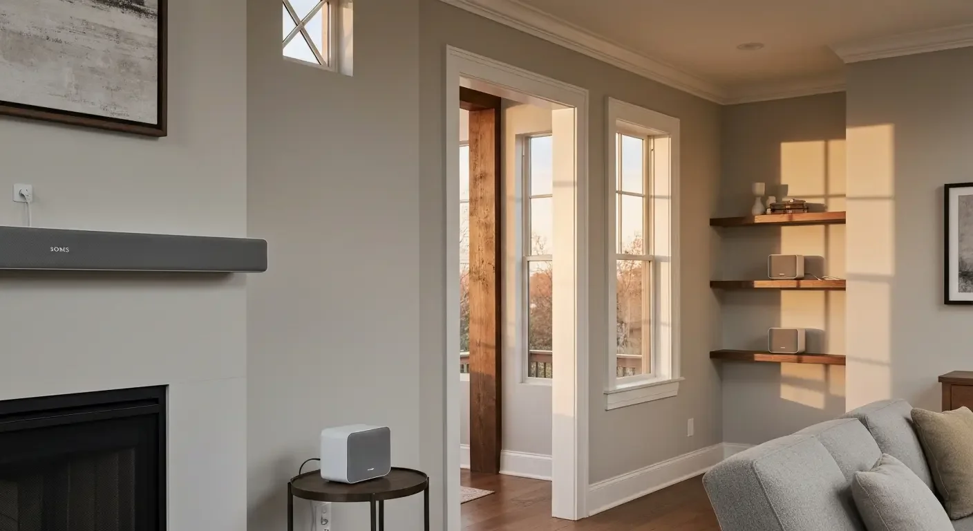 Living room with wall-mounted soundbar, ceiling speakers, wooden shelves, and white trim work