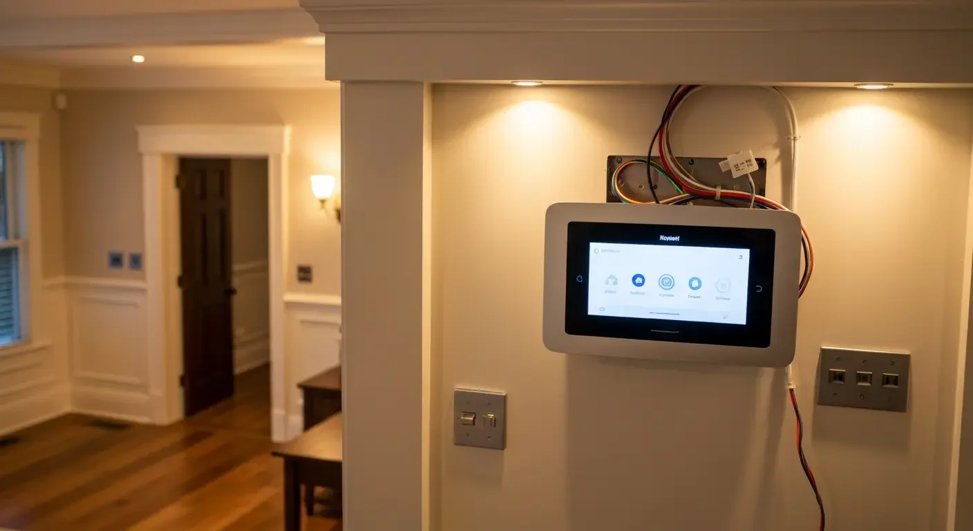 Honeywell smart home touchscreen panel mounted on wall with integrated wiring and electrical connections