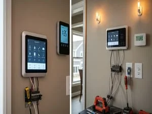 Wall-mounted tablets and control panels with organized cable management and conduit installation