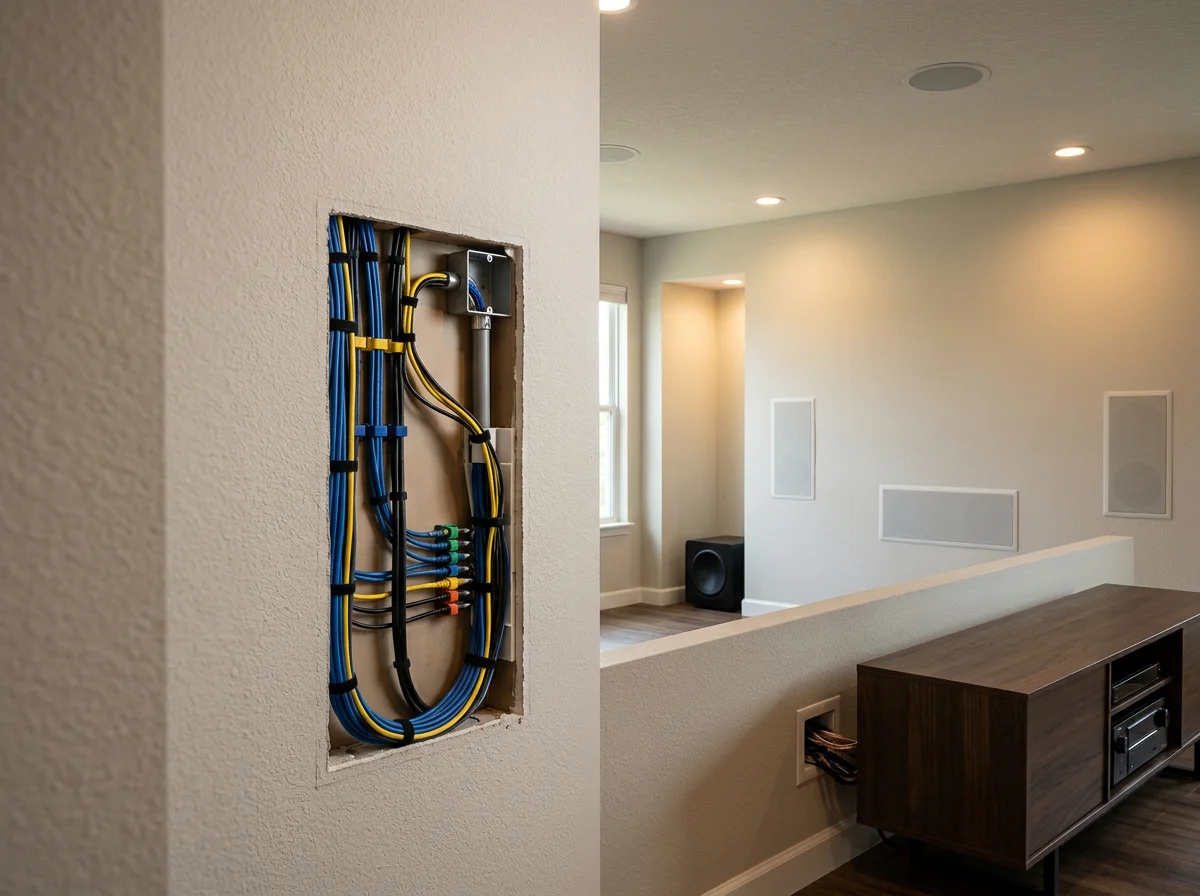 In-wall speakers, subwoofer, and ceiling speakers with organized cable management in home theater room