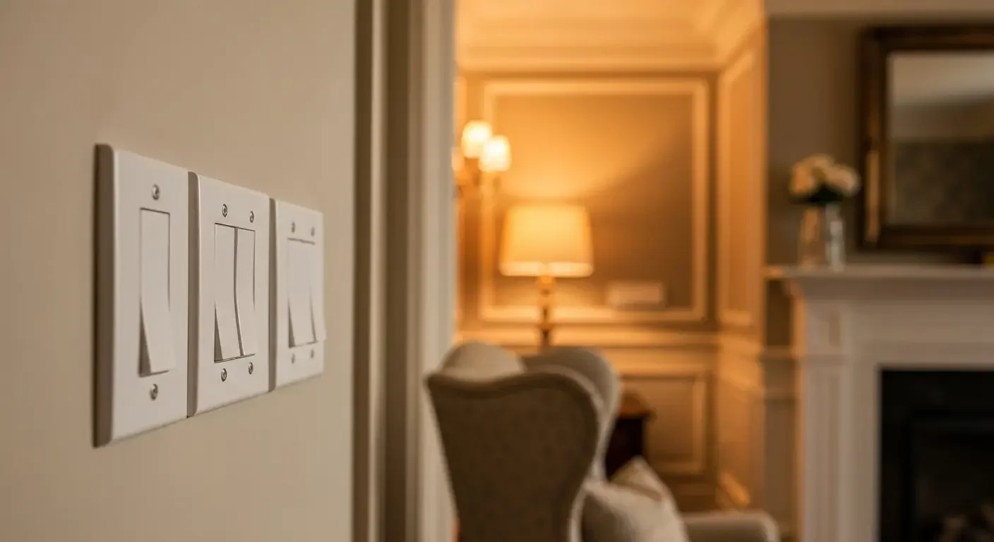 White dimmer switches installed in hallway wall with warm lighting visible in adjacent rooms