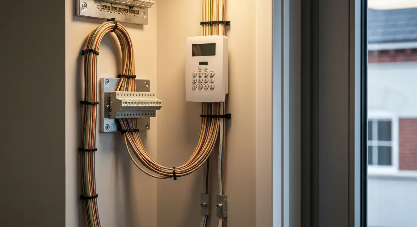 Organized copper cabling with distribution panel and programmable control keypad mounted on wall