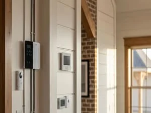 Wall-mounted smart home control panels with touchscreen interfaces installed in residential entryway