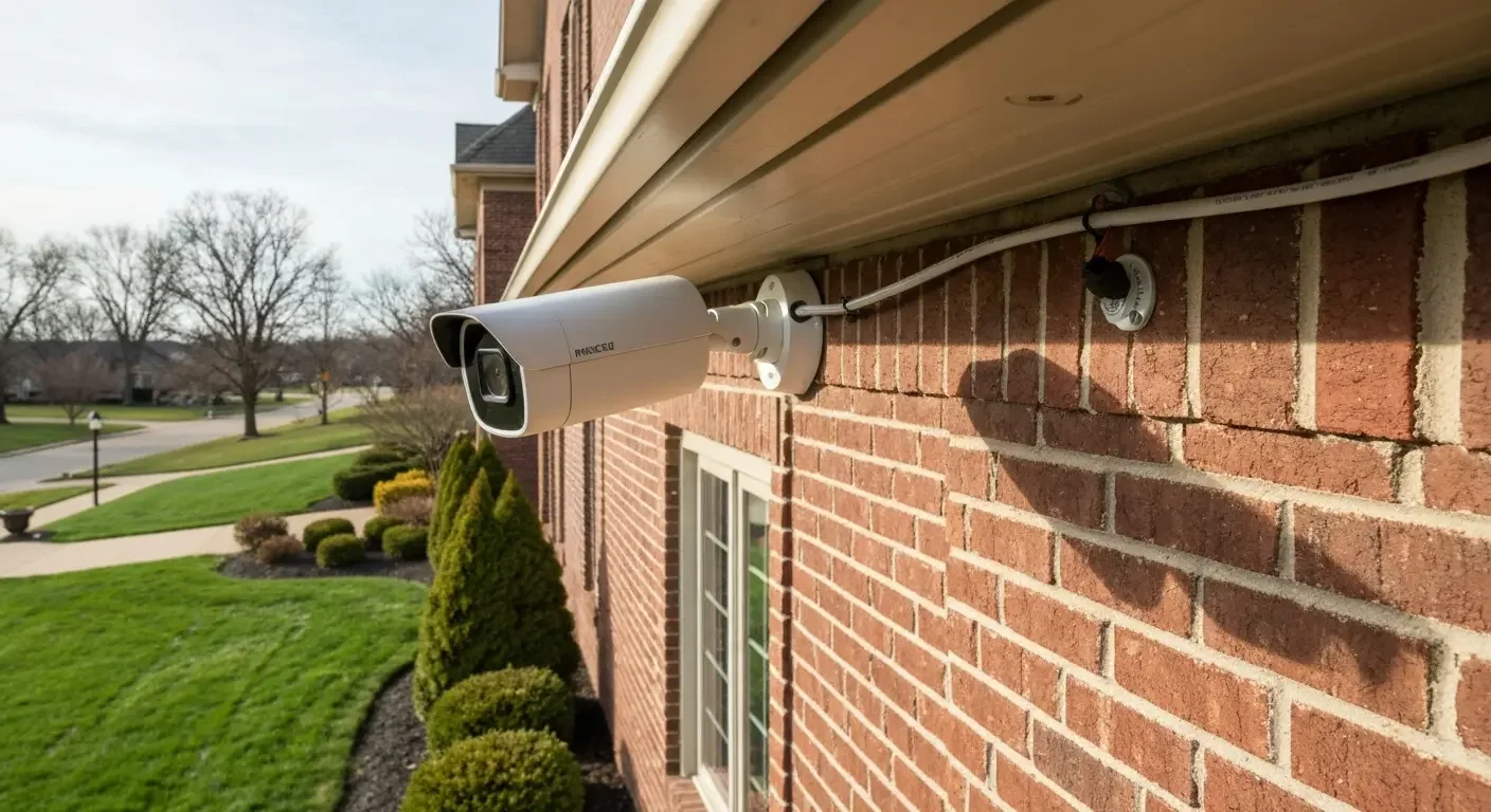 White security camera mounted on brick home exterior with cable routing along soffit