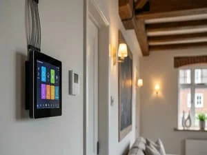 Wall-mounted smart home control touchscreen with integrated lighting controls in residential hallway