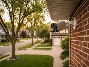 Outdoor network equipment mounted on brick home exterior with conduit routing along foundation