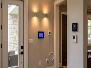 Wall-mounted smart home control panels with touchscreen displays and integrated ambient lighting fixtures
