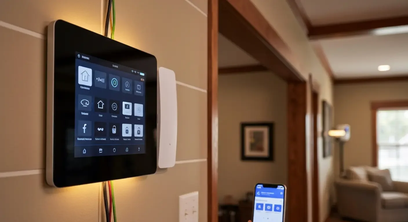 Wall-mounted smart home control panel with touchscreen display and mobile app integration