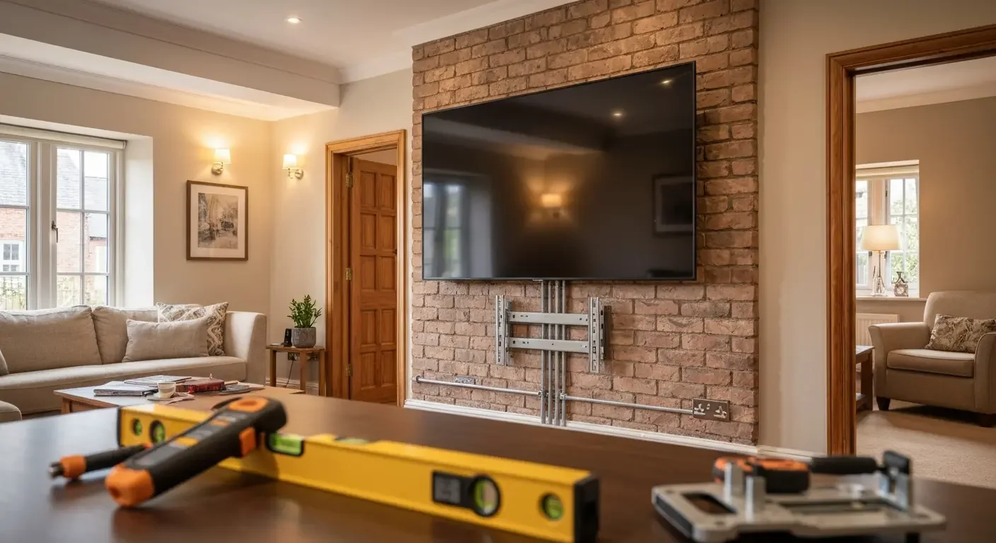 Flat-screen TV mounted on brick fireplace wall with adjustable bracket and cable management