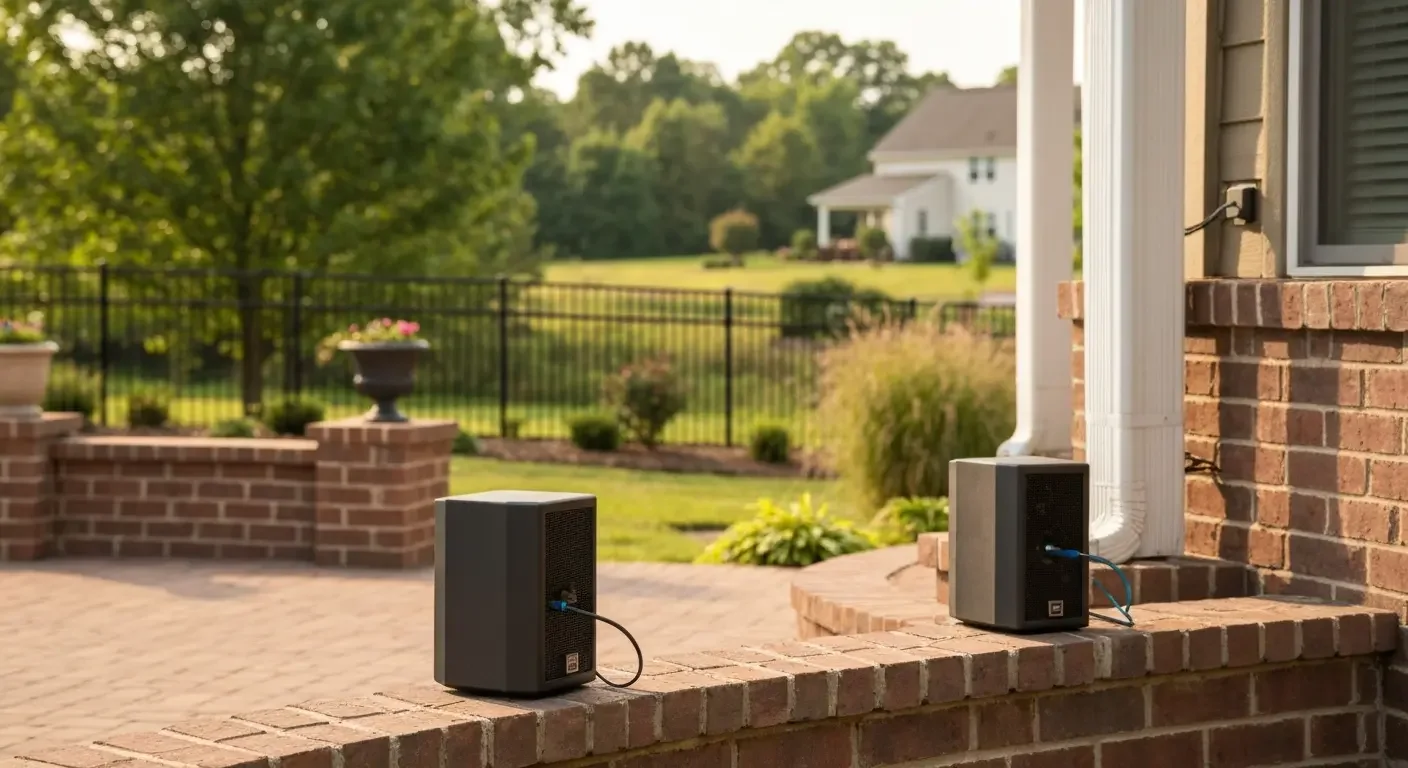 Two weatherproof outdoor speakers mounted on brick patio ledge with manicured lawn and fencing in background