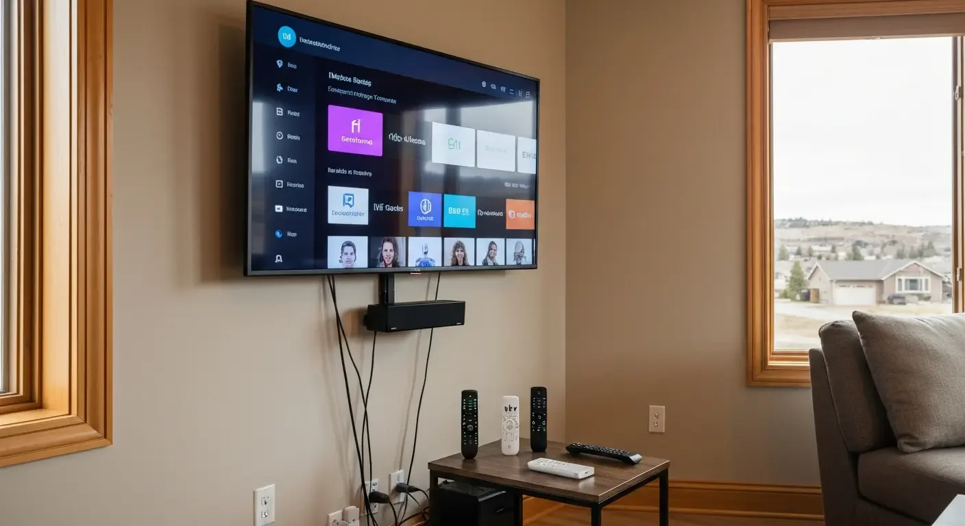 Wall-mounted TV with streaming device and organized cable management in residential living room