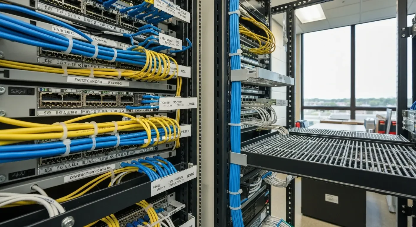 Organized network rack with blue and yellow ethernet cables, switches, and cable management trays