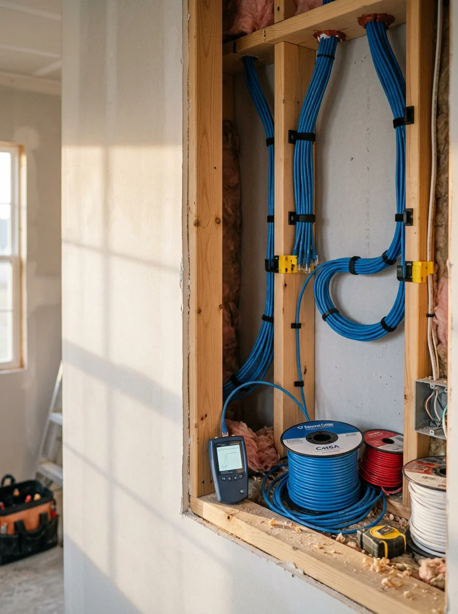 Professional structured cabling installation in a Ballwin home's wall cavity for reliable network infrastructure