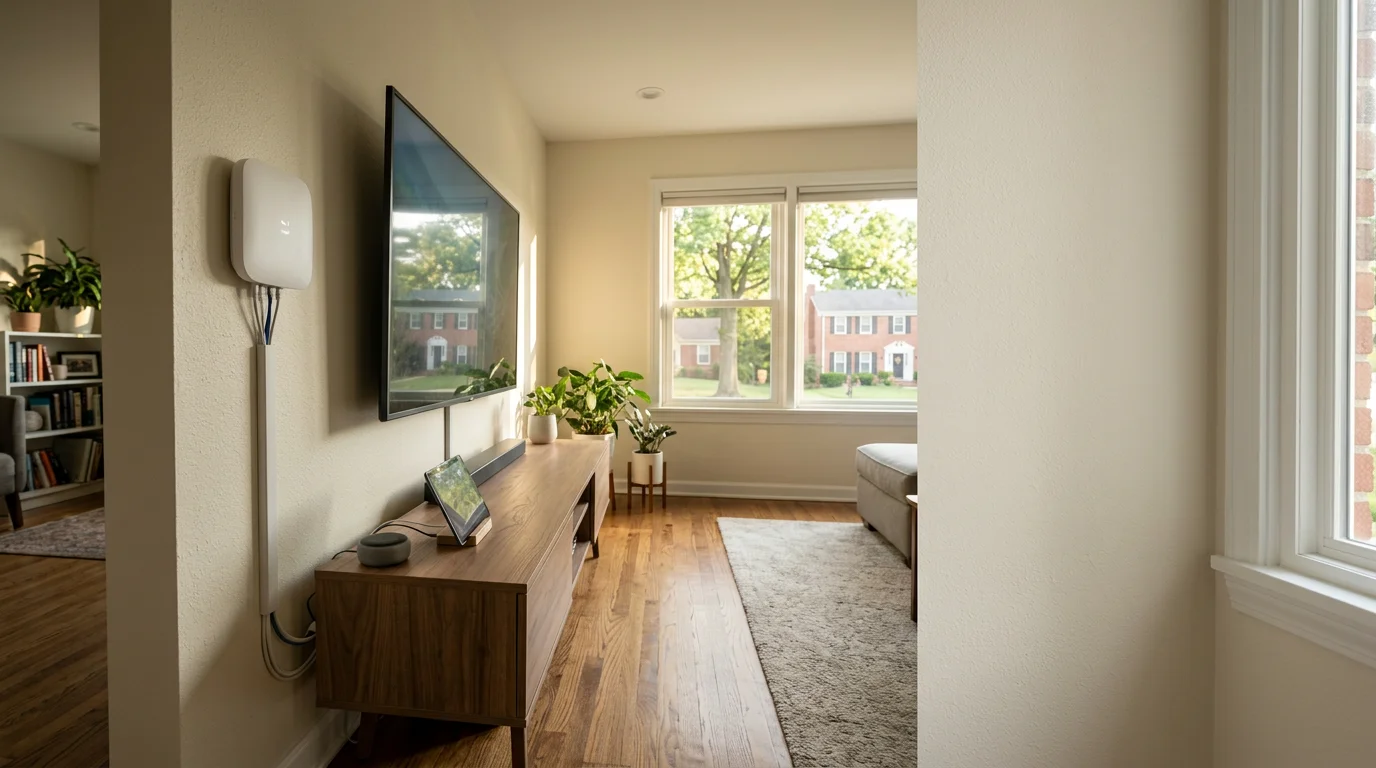 Modern smart home network setup in a Ballwin residential living room with wireless access point and connected devices
