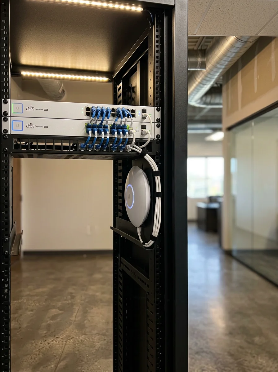 A Ubiquiti UniFi network switch and access point mounted in a server rack inside a Chesterfield Valley commercial office space.