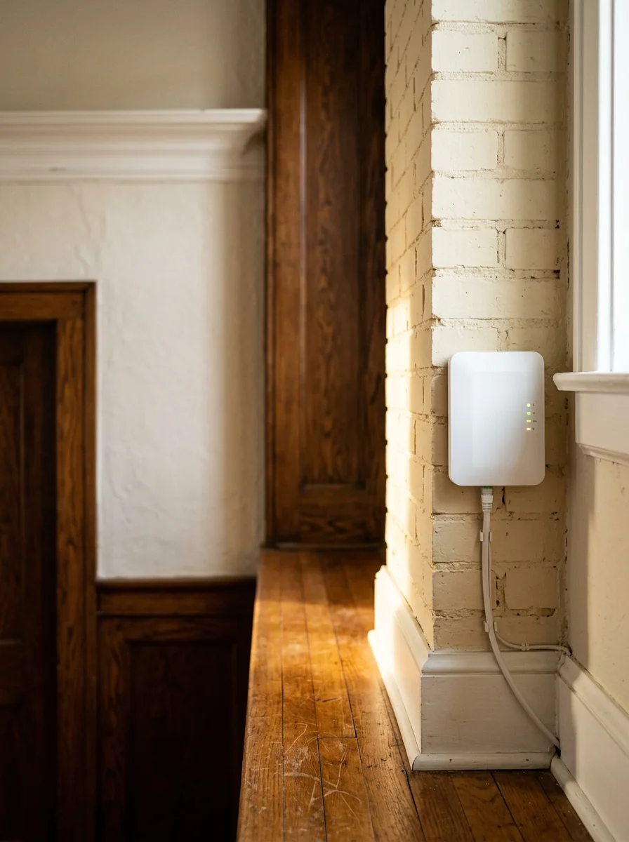 A wireless access point mounted on the wall of a 1930s brick home in Clayton, Missouri's Davis Place neighborhood with original hardwood floors visible.
