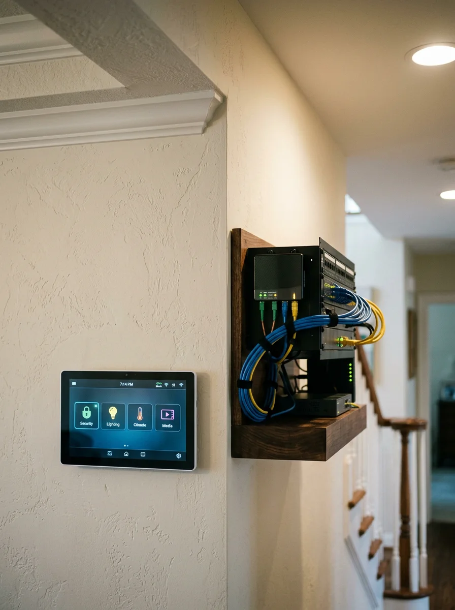 Modern smart home control panel and networking equipment installation in a Creve Coeur home