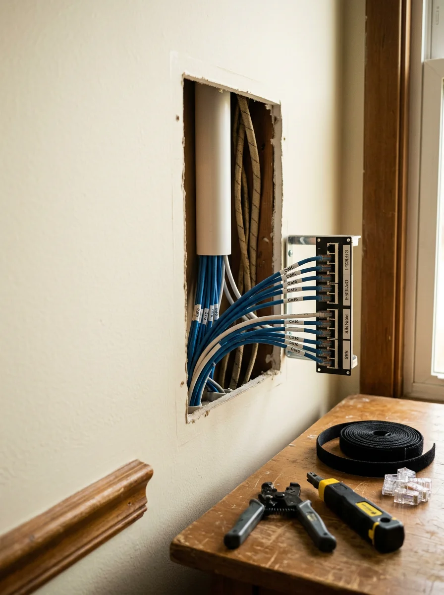 Professional network technician installing structured cabling in a Des Peres home, demonstrating expertise in both older and newer construction