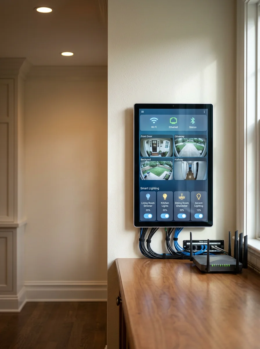 Modern smart home control panel displaying network status, security cameras, and smart lighting in a Frontenac home