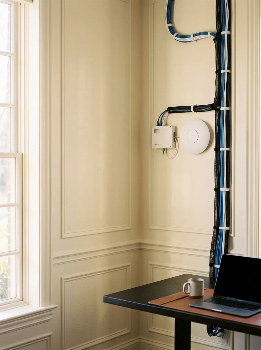 Professional network installation in a high-end home office with structured cabling and wireless access points for seamless connectivity