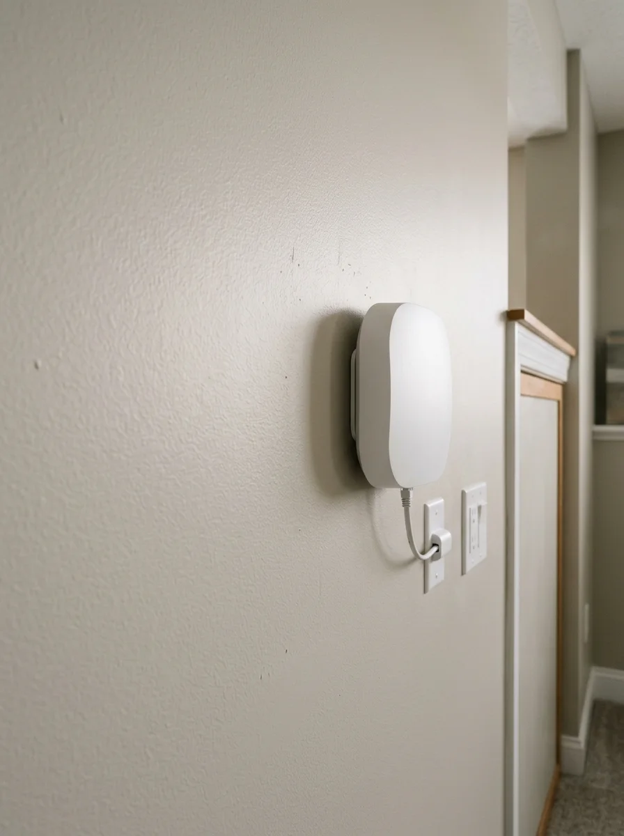 A smart home hub and wireless access point installed on a wall inside a finished basement of a newer O'Fallon, Missouri home.