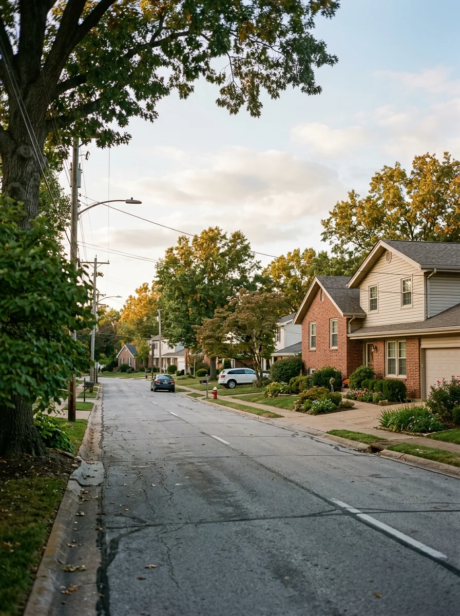 Residential neighborhood with mixed-era homes and mature trees in St. Charles