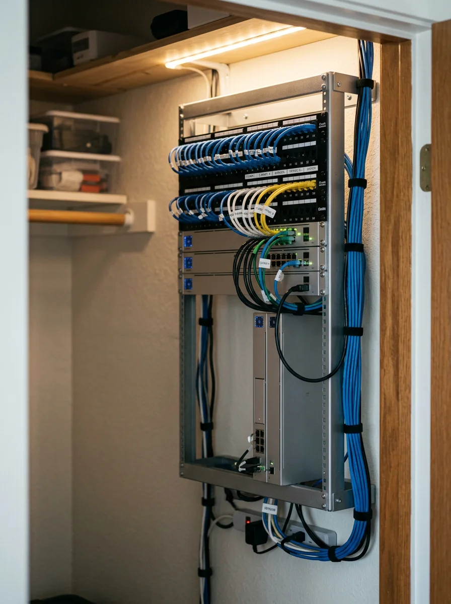 A clean home network rack with patch panel, switch, and router installed in a utility closet of a St. Louis County residential property.