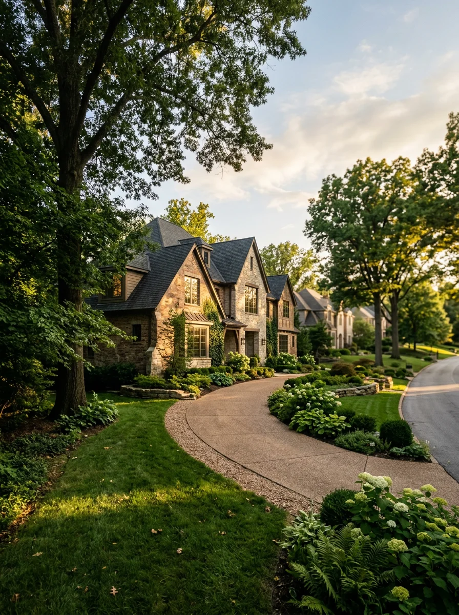 Luxury home exterior in Town & Country showing multi-level architecture and landscaping