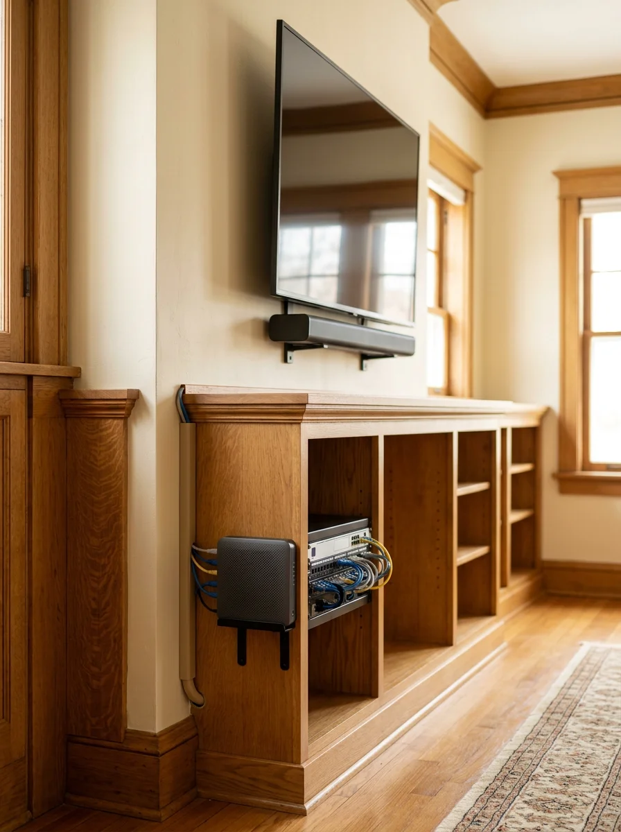 A flat-screen television and soundbar mounted on the wall of a Webster Groves, Missouri Craftsman home living room with original built-in shelving visible.