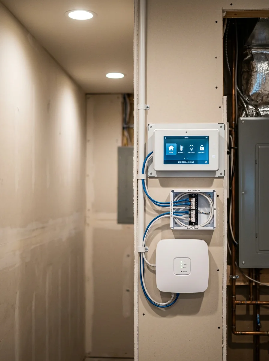 A smart home control panel and wireless access point installed in the utility room of a newly built Wentzville, Missouri home.