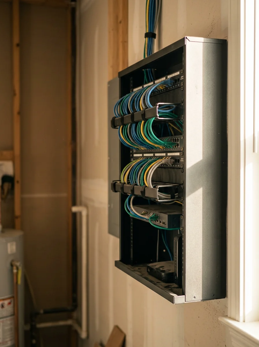 A wall-mounted network equipment panel with neatly terminated ethernet cables inside a Wildwood, Missouri home utility room.
