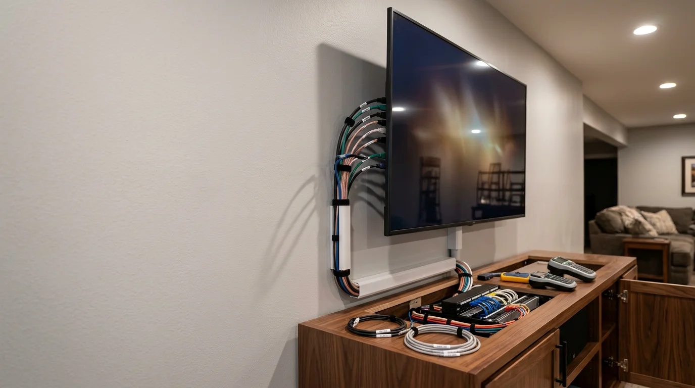 Neatly organized audio and video cables routed behind a wall-mounted display in a finished living room in Wildwood, Missouri. Low-voltage AV cables are concealed and labeled inside a clean wall cavity with no exposed cords visible.