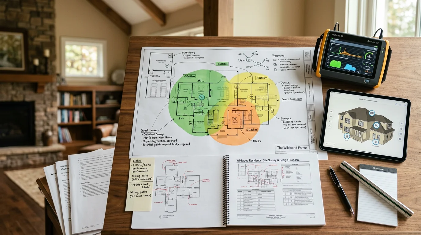 A technology consultant reviewing a home layout plan with a Wildwood homeowner at a kitchen table, with a tablet showing a whole-home Wi-Fi and smart device coverage map. The setting reflects a large suburban home typical of the Wildwood, Missouri area.