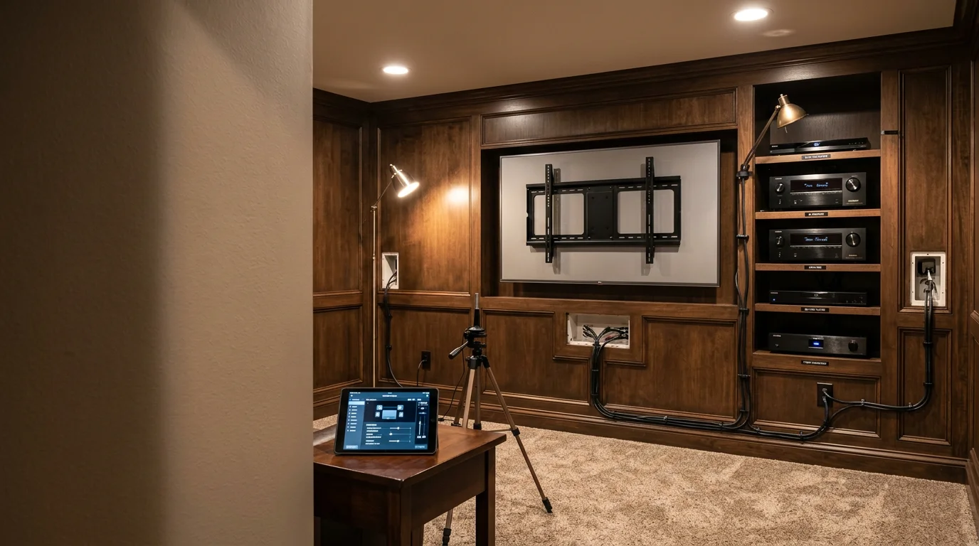 A professionally installed home theater in a finished lower-level room in Wildwood, Missouri, featuring a wall-mounted display, concealed cabling, and a clean component rack. The setup reflects a complete EverythingTechnologySTL installation designed for a St. Louis County residential space.