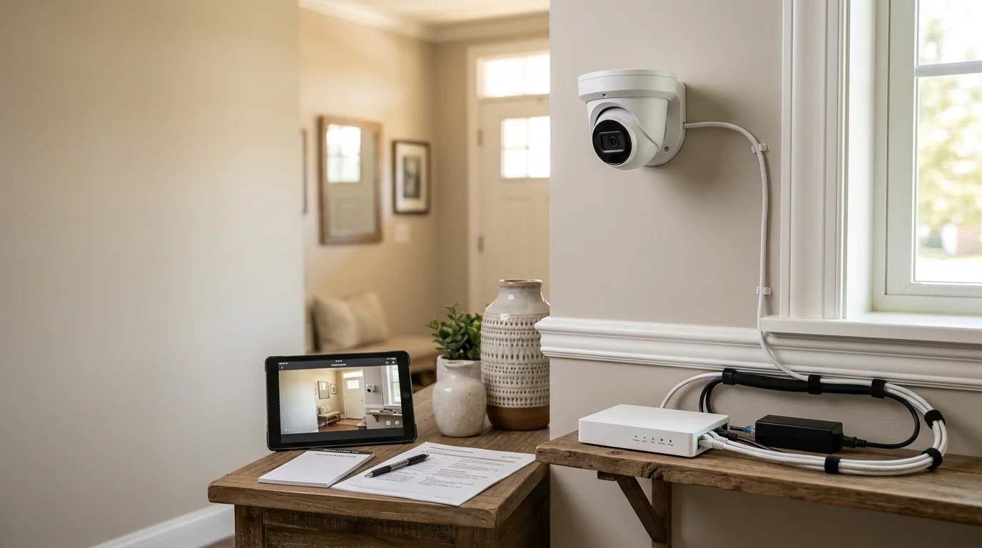 A professionally installed indoor security camera mounted in the corner of a living room in a Wildwood, Missouri home, with clean cable management and a wide-angle view of the main entry area.