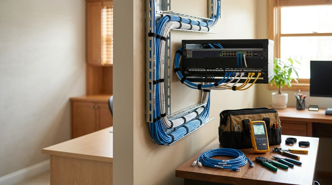 A professionally installed network rack and structured wiring setup inside a Wildwood, Missouri home office, with neatly routed cables and mounted networking hardware. The installation shows a clean, organized build typical of a residential network design project in the St. Louis County area.