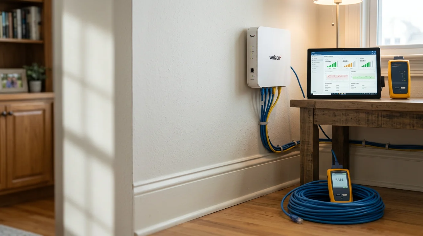 A network technician testing an Ethernet connection at a wall jack inside a Wildwood, Missouri home, with a laptop displaying network diagnostic results on a nearby desk. The setup shows a structured patch panel and router in a clean home office environment.